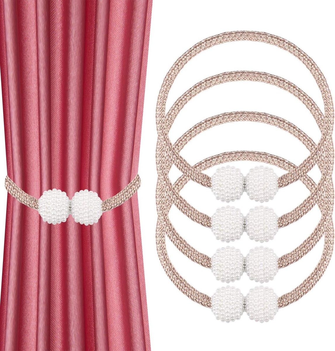 Allecto plus - Magnetische Gordijn Tiebacks Set van 4 - Parel Bal Vorm - Woonkamer Accessoires - Gordijn Holdbacks - Zonder Boren - Voor Slaapkamer en Kantoor - Hotel - Prachtige Design