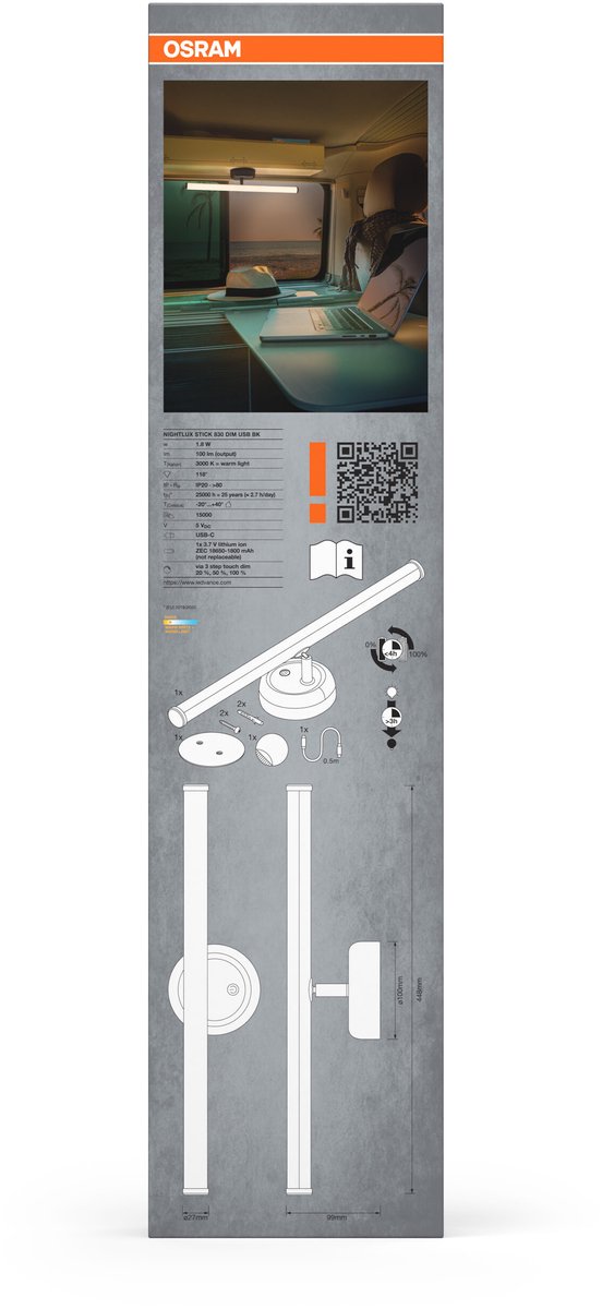 OSRAM Nightlux LED-lamp Stick zwart, 3000 K, dimbaar met Touch-DIM, USB-batterij en magneetplaat, voor kasten, planken, gangen of kinderkamers van Merkloos — afbeelding 4