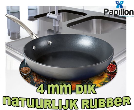 Pannenonderzetter met een print van kruiden, met de tekst '4 mm dik natuurlijk rubber'.