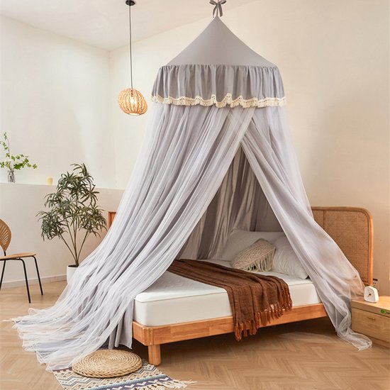 Qelus Dubbele Laag Muggennet - Lichtblokkend Bedtent voor Twin/Full/Queen Bedden - Kinderleeshoek & Knusse Slaapruimte - Plafondgemonteerd Klamboes - Grijs — afbeelding 2