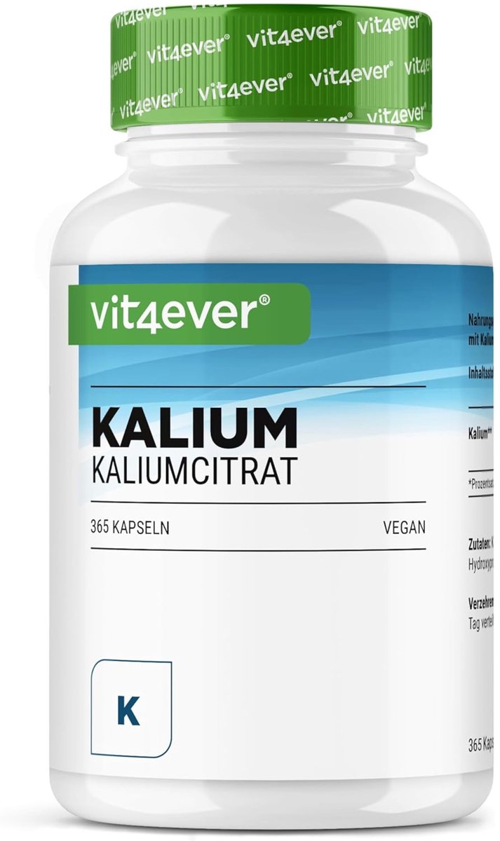 Kalium - 365 capsules met 800 mg elementair kalium (uit kaliumcitraat) per dagelijkse portie - 100% kaliumcitraat - Zonder toevoegingen - Veganistisch