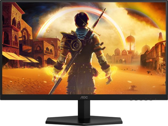 Zwart AOC gaming monitor met een 27-inch scherm waarop een gamefiguur staat met een zwaard.