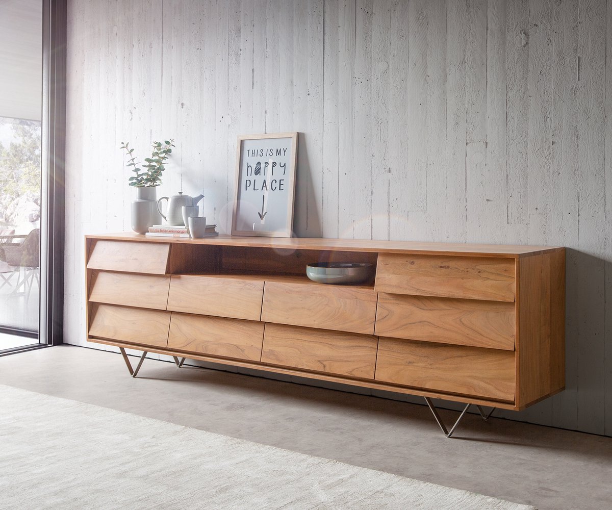 DELIFE Dressoir Eloi Acacia Natuurlijk 240x40 cm 2 Deuren 6 Laden V-Poot RVS Bruin