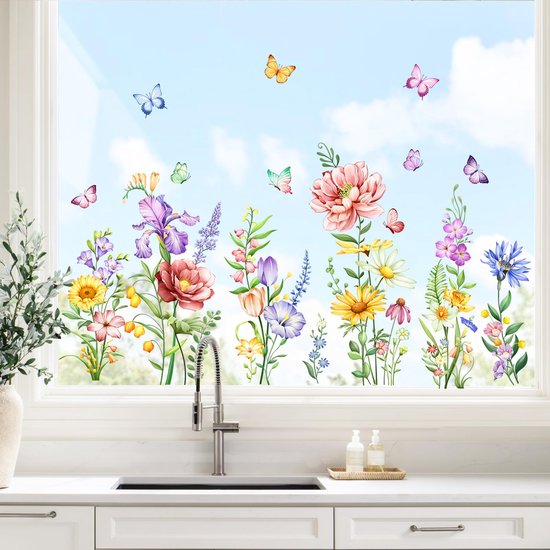 Lente raamstickers - Wild gras met bloemen en insecten raamklampen