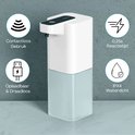 Witte automatische zeepdispenser met lichtblauw reservoir: contactloos, 0.25s reactietijd, oplaadbaar & draadloos, IPX4 waterdicht.
