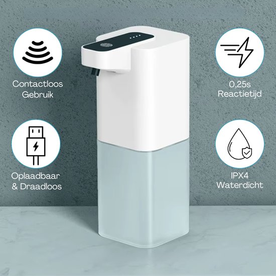 Witte automatische zeepdispenser met lichtblauw reservoir: contactloos, 0.25s reactietijd, oplaadbaar & draadloos, IPX4 waterdicht.