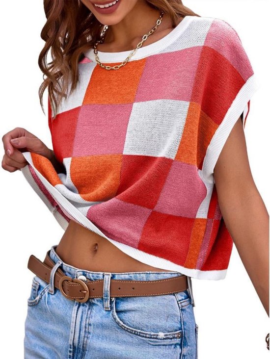 Dames crop top met kapmouwen, zomerse kleurenblokken, ronde hals, gebreide trendy casual trui