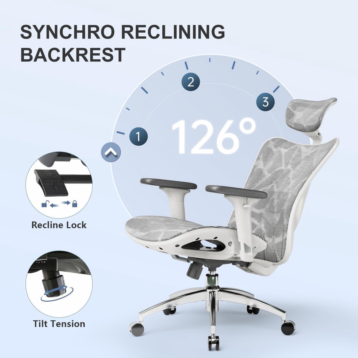 SIHOO M57 Ergonomische Bureaustoel met 3D-Armleuningen&Verstelbare Lendensteun-Premium Mesh Design voor Kantoor/Thuiswerken - 150kg Draagvermogen - 8cm Hoogteverstelling-3 Standen Kantelmechanisme (110°/116°/126°)-SGS/BIFMA Gecertificeerd——Lichtgrijs – foto 4