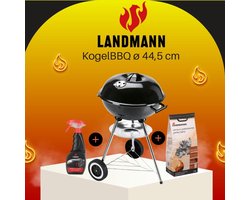 HoutskoolBBQ Grillchef by Landmann KogelBBQ ø 44,5 cm Zwart - Houtskoolbarbecues - Kogelbarbecue - Met Thermometer - Roestvrij - Ronde Barbecue - Met deksel en Wielen - Traditionele bbq - 6 personen - Ventilatierooster voor zuurstofregulering