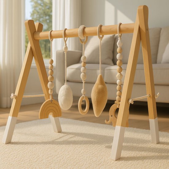 Maxx Kidz Houten Babygym - Stevige & Veilige Constructie van Hout - Speelgoed voor Baby van 6 maanden - Gym met 5 hangers