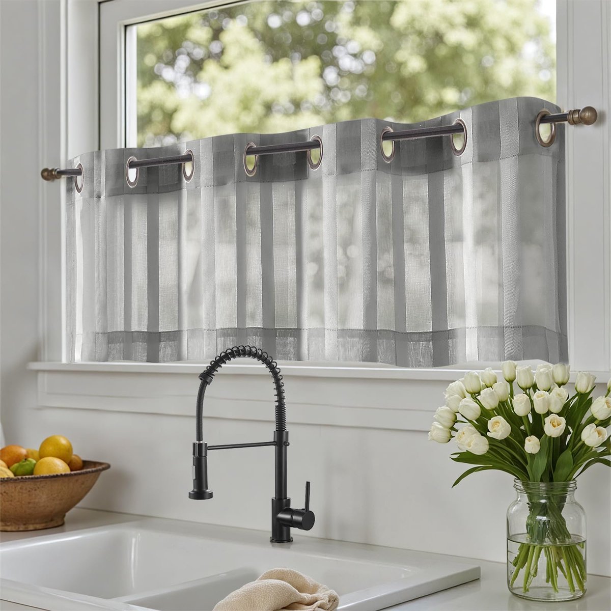 Ibenzoa Elegante Vitrage Gordijnen met Strepen voor Kleine Ramen en Badkamers, 35 x 130 cm, Grijs