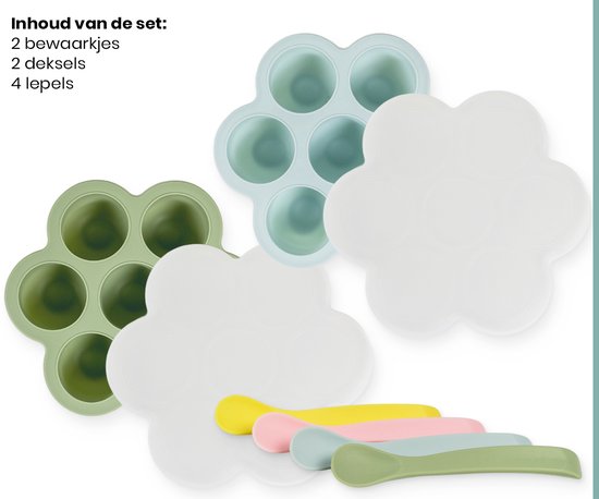 Loti Living Babyvoeding Bewaarbakjes Set - Set van 2 inclusief 4 stuks babylepels - Diepvriesbakjes - Vriezer Bakjes - BPA Vrij Siliconen Babyvoedingsaccessoires van Merkloos — afbeelding 4