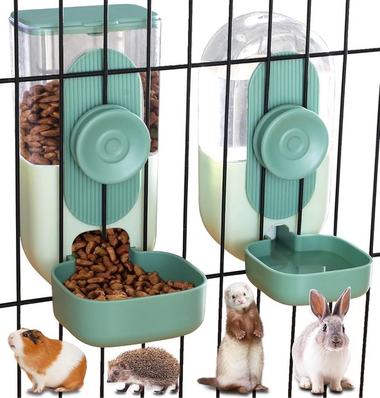 35oz Hangende Automatische Voer- en Waterdispenser voor Huisdieren - Automatische Gravity Voerbak en Waterbak voor Huisdieren - Kooi Kattenvoerbak Hondenvoerstation - voor Puppy en Kitten Konijn Chinchilla Egel Fret - Groen