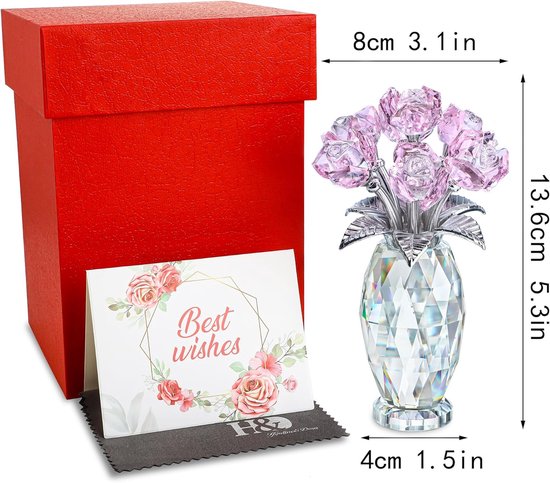 H&D HYALINE & DORA Pink Crystal Lotus Flower Figurine, Glass Flower Home Decoration for Feng Shui, Gift Box