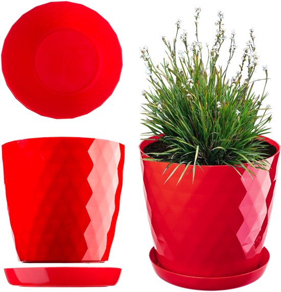Foto: Kadax bloempot kunststof pannenset met onderzetter plantenpot van licht materiaal decoratieve kruidenpot pot voor bloemen planten cactus en vetplanten set van 3 20 cm rood