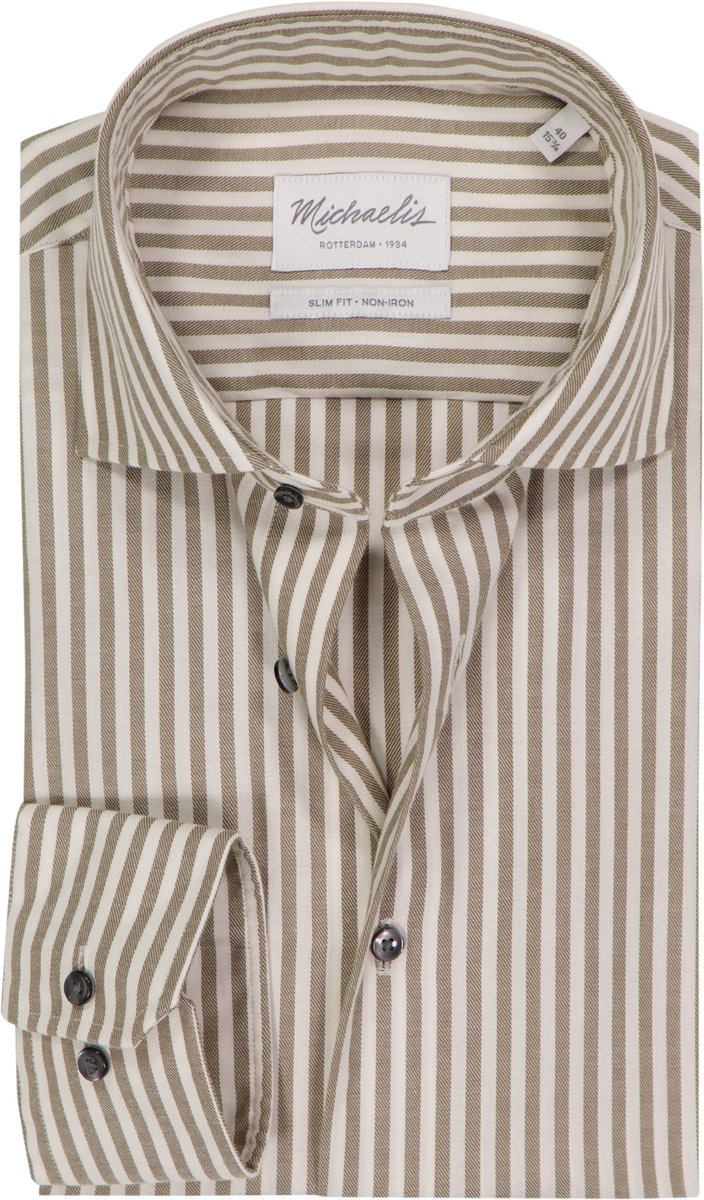 Michaelis slim fit heren overhemd - twill - olijfgroen met wit gestreept - Strijkvriendelijk - Boordmaat: 41