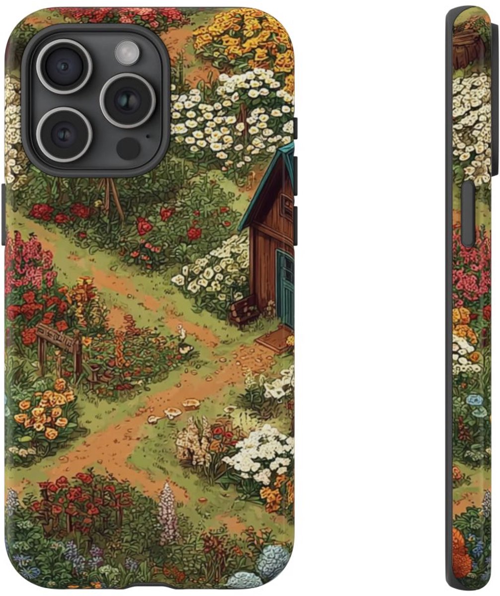Kleurrijke Bloementuin met Huisje – Telefoonhoesje Geschikt voor iPhone 15 Pro Max