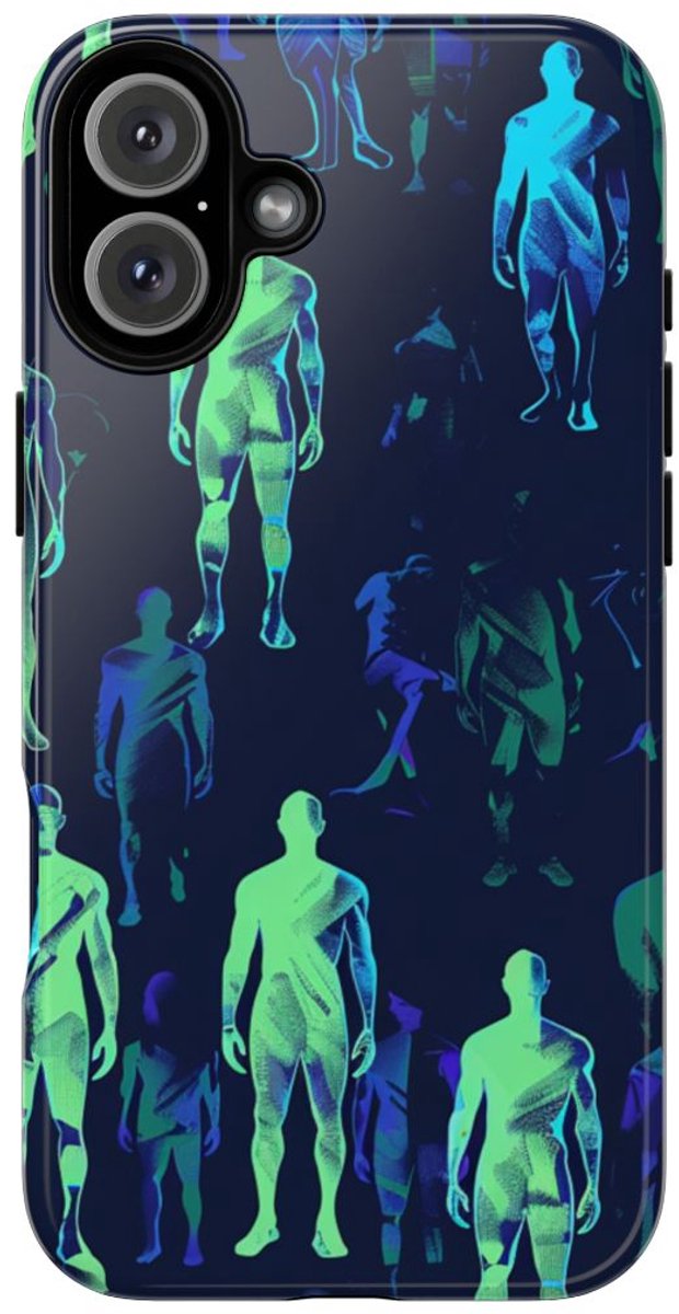 Blauw-Groene Neon Figurenpatroon – Telefoonhoesje Geschikt voor iPhone 16 Plus