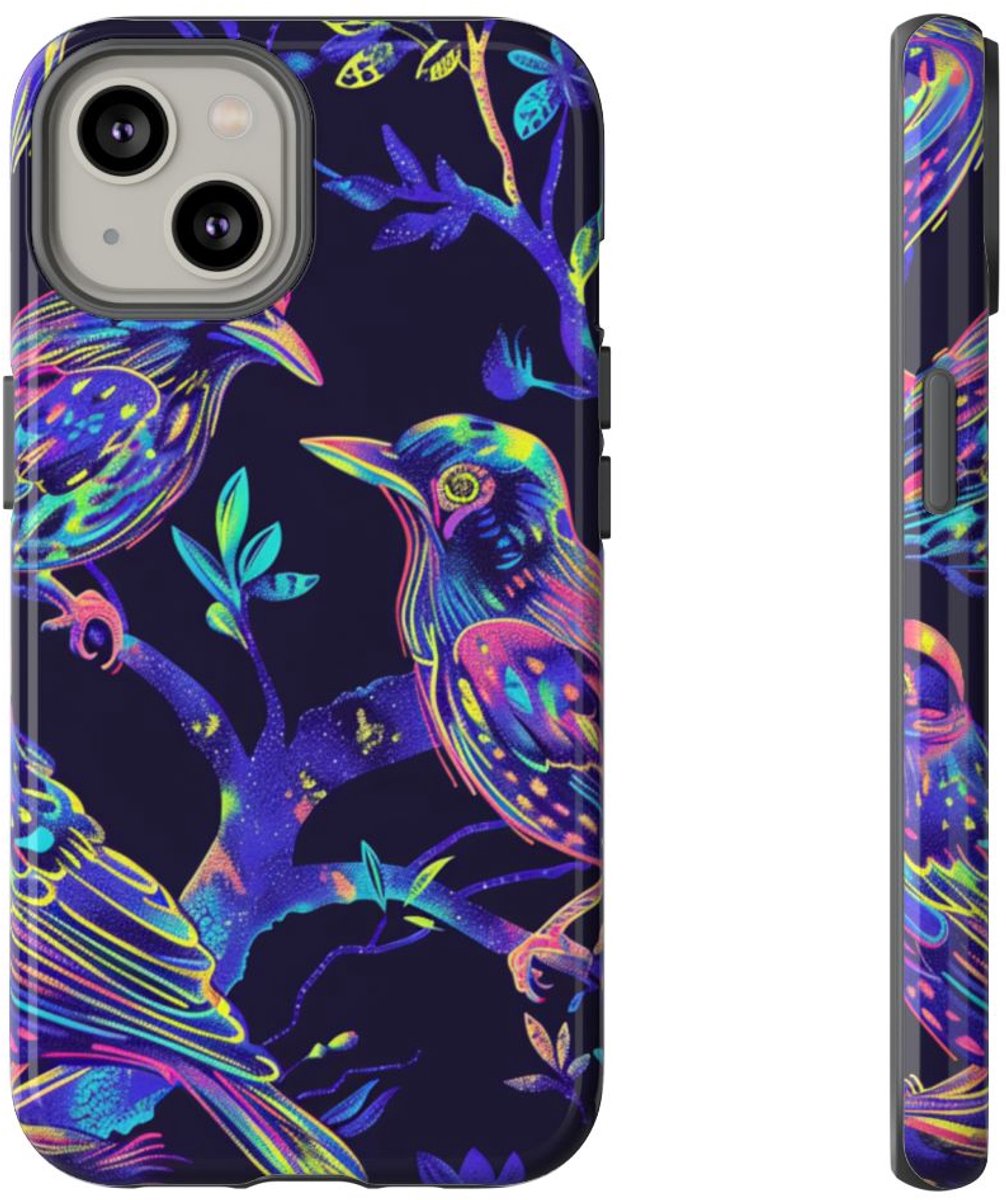 Neonkleurige Vogels op Takken – Telefoonhoesje Geschikt voor iPhone 14