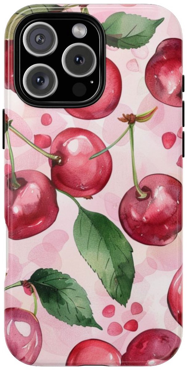 Aquarel Kersenpatroon – Glanzend Stevig Telefoonhoesje Geschikt voor iPhone 16 Pro Max