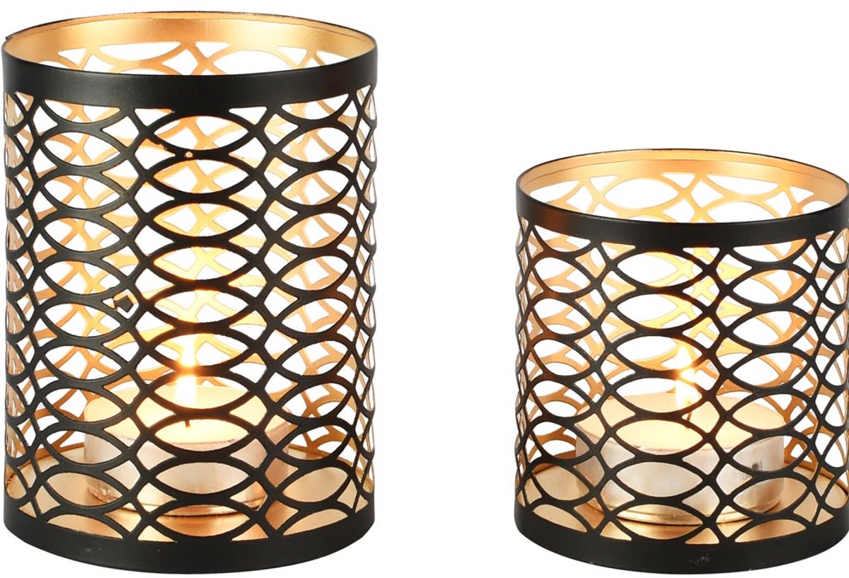 dekoratief Set 2 Waxinelichthouders 'Cascada Spiral', zwart/goud, metaal, 10x10x14cm | A258094