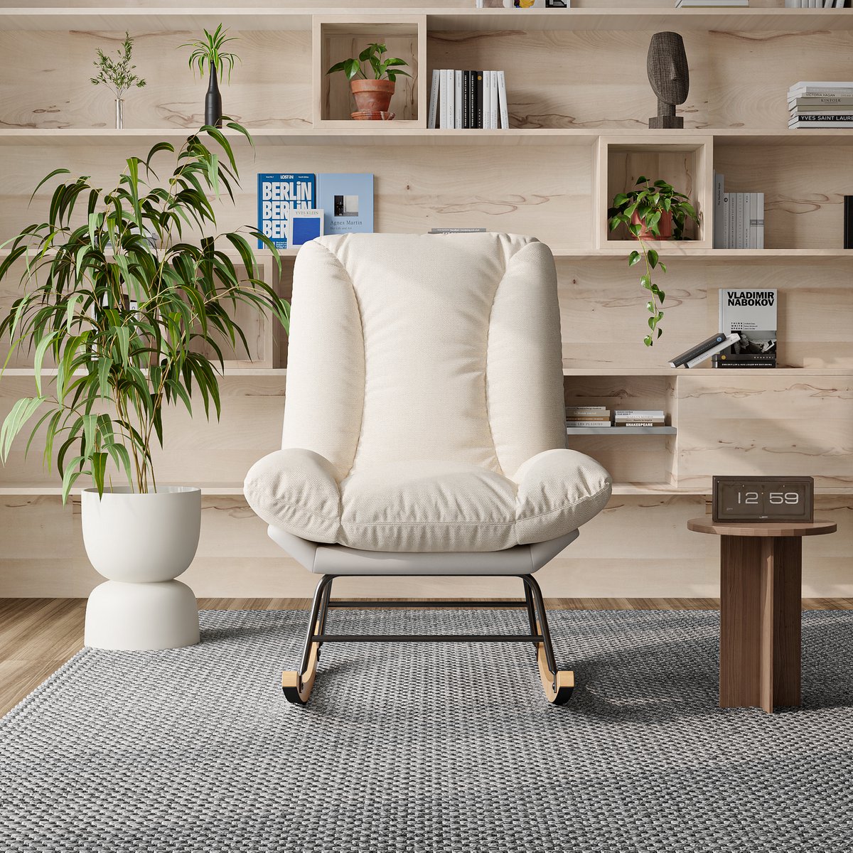 Moderne schommelstoel, schommelstoel met hoge rugleuning, moderne gestoffeerde stoffen kinderkamerstoel, gestoffeerde schommelstoel, voor slaapkamer, woonkamer, kantoor, 59x90,5 cm, beige