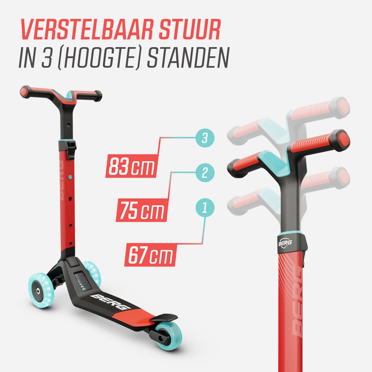 BERG Nexo Kinderstep - Step 3 wielen - Vanaf 2 jaar - Opvouwbaar - In hoogte verstelbaar - Incl. LED-deck + LED wielen - Rood — afbeelding 2