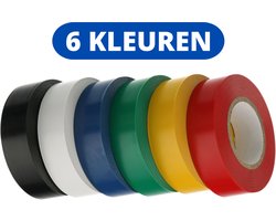 Isolatietape / PVC Tape - 18mm x 10m - 6 stuks - Plastic Plakband - Zwart / Groen / Blauw / Wit / Rood / Geel - Rubber Tape - Isolatieband - PVC Tape