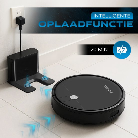 Zwarte robotstofzuiger keert terug naar laadstation met blauwe pijlen, 120 minuten batterijduur.