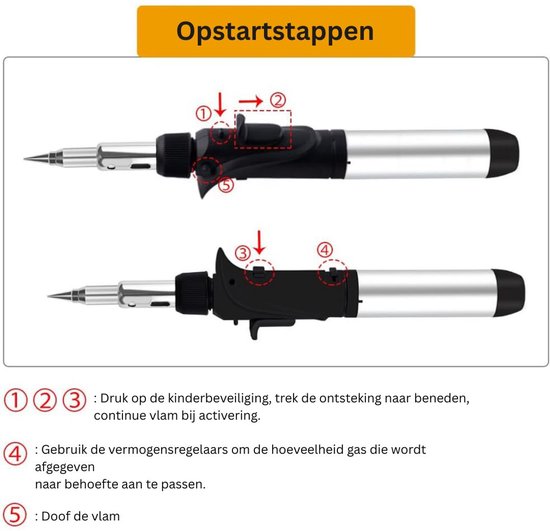 Illustratie van soldeerbout met stappen voor ontsteking, kinderveiligheid en vlamregeling.