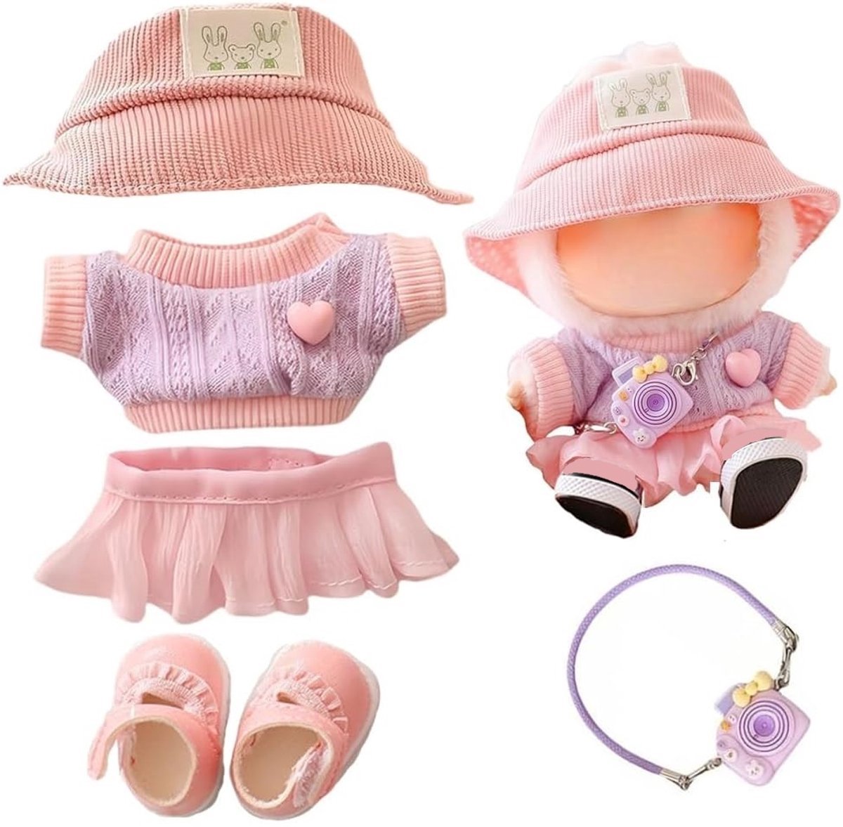 Geschikt voor Labubu - 5-delige Labubu poppenkledingset - Geschikt voor poppen van 15-17 cm lang - Draagbare en verwijderbare kledingset - Inclusief camera-accessoire, schoenen, hoed en kleding - Pop niet inbegrepen