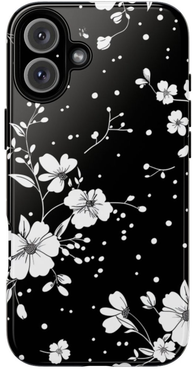 Zwart-Wit Bloemenpatroon – Telefoonhoesje Geschikt voor iPhone 16 Plus