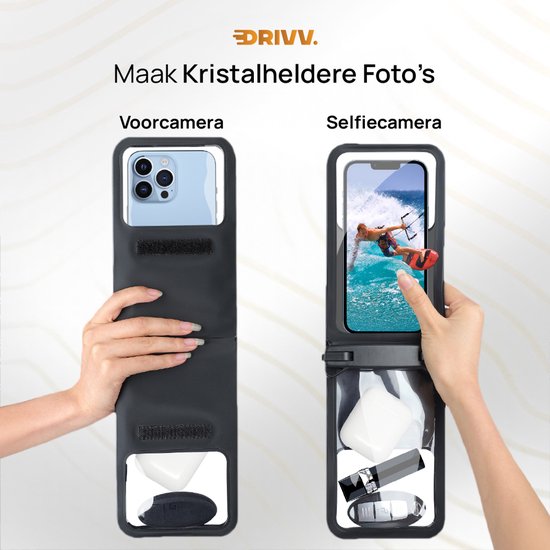 DRIVV hoes met voor- en selfiecamera functionaliteit. Toont hoe een telefoonfoto wordt genomen onderwater.