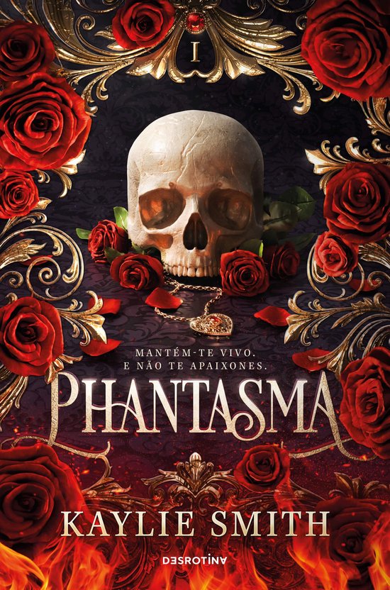 Couverture de livre avec un crâne entouré de roses rouges et d'ornements dorés. Titre: PHANTASMA.