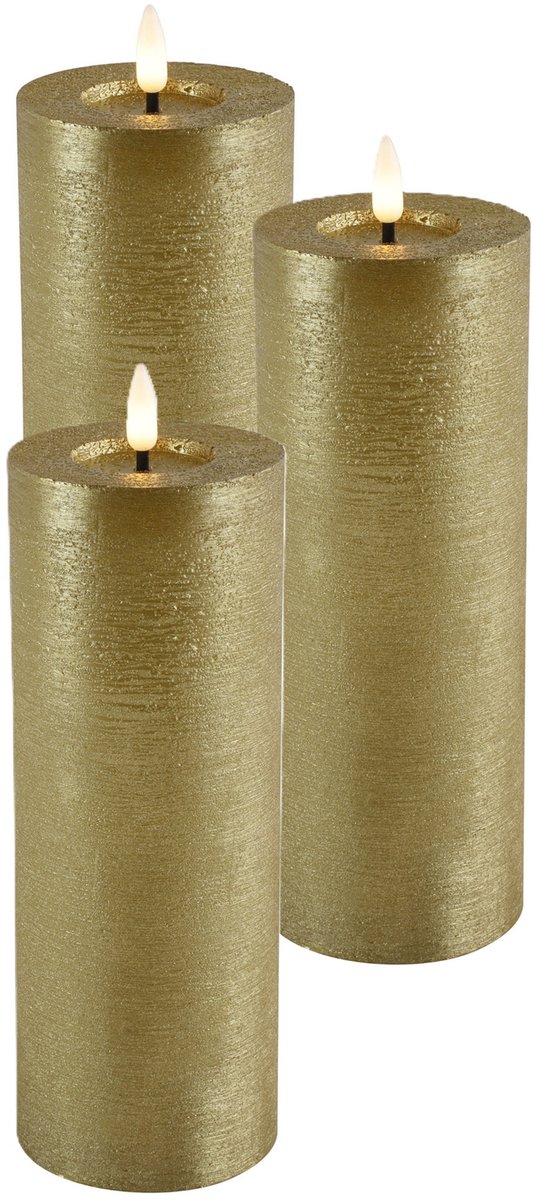 Countryfield Lyon LED kaars/stompkaars - 3x - goud - D7,5 x H20 cm - timer Goudkleurig