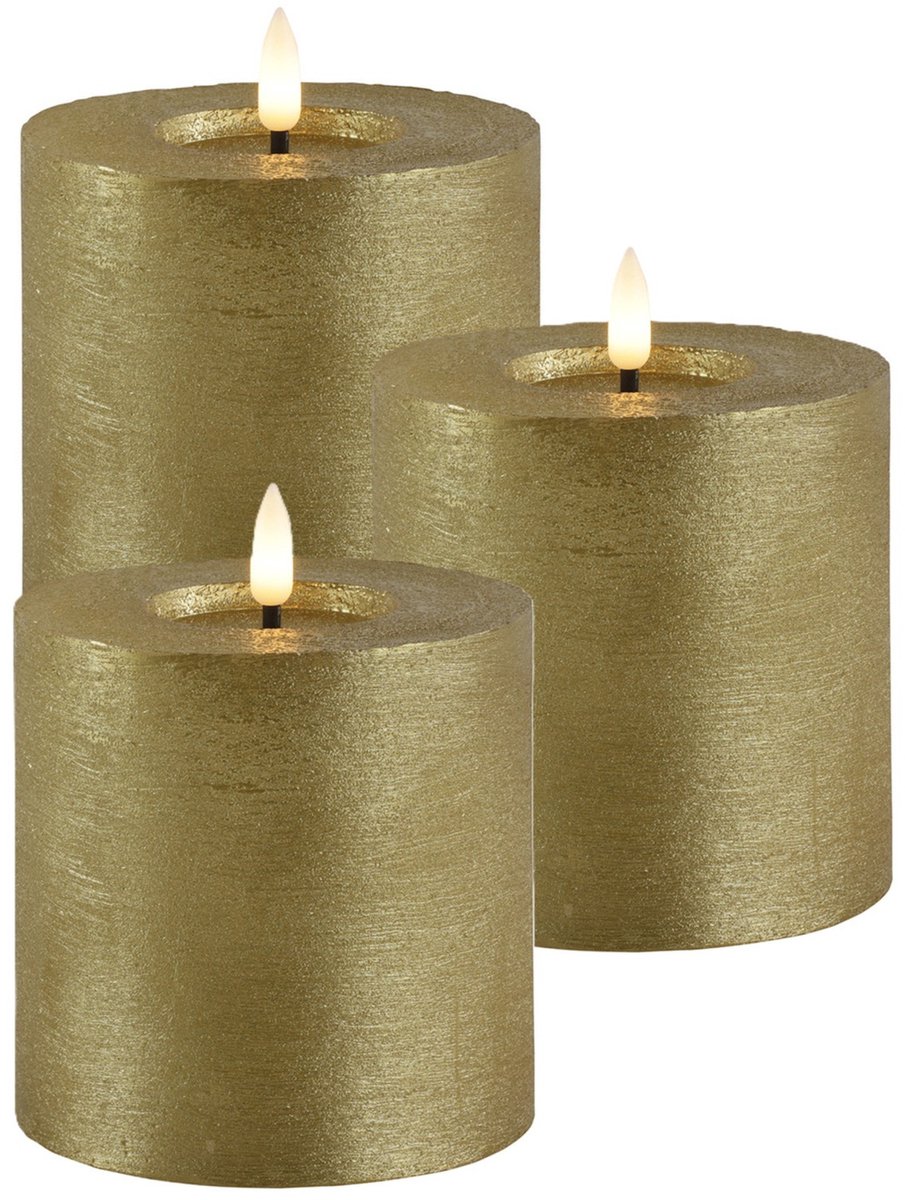 Countryfield Lyon LED kaars/stompkaars - 3x - goud - D10 x H10 cm - timer Goudkleurig