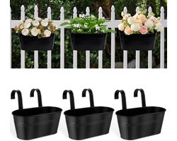 28cm Hangende Bloempotten - Set van 3 Zwarte Metalen Bloembakken voor Binnen en Buiten met Afneembare Haken en Drainage Gaten - Geschikt voor Omheiningen en Balkons, 28cm