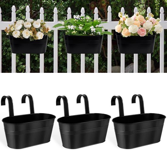 Pots de fleurs suspendus de 28 cm - Set de 3 jardinières d'intérieur/extérieur en métal noir avec Crochet amovibles et trous de drainage - Convient aux Clôtures et balcons, 28 cm