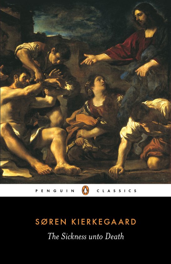 Livre 'The Sickness Unto Death' de Søren Kierkegaard, avec une peinture de Jésus aidant un homme malade.