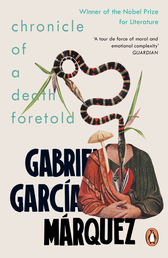 Couverture du livre 'Chronicle of a Death Foretold' par Gabriel García Márquez, avec un serpent et une dague.