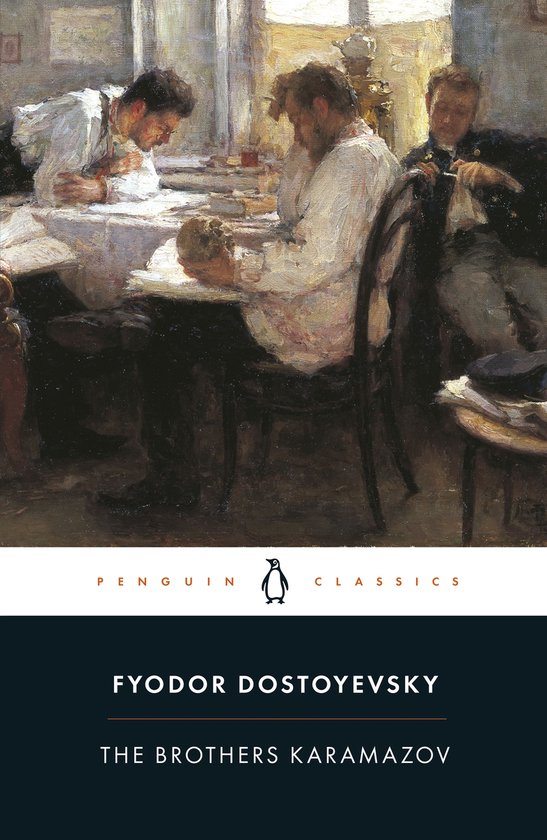 Couverture du livre The Brothers Karamazov de Fyodor Dostoevsky, représentant une peinture de trois hommes à une table.