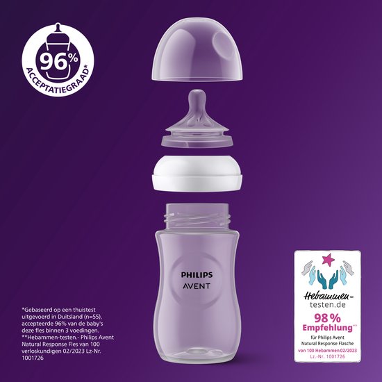 Philips Avent Natural Response babyfles in onderdelen met 96% acceptatiegraad.