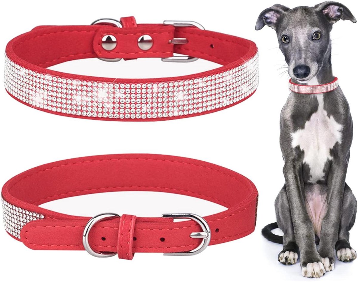 Puppyhalsband voor katten en kleine honden - schattige strass halsband met zacht leer (Maat S, Rood) - Duurzaam en stijlvol!