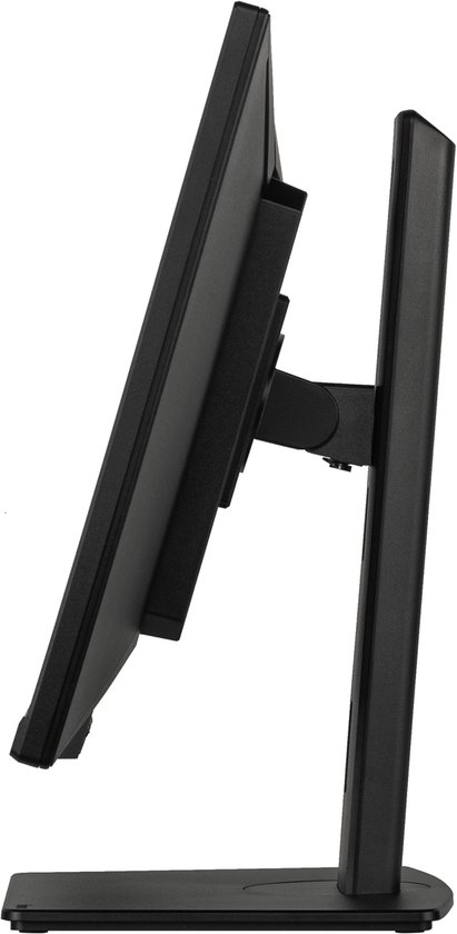 Zijaanzicht van een zwarte monitor met verstelbare standaard. De monitor heeft een slank profiel.