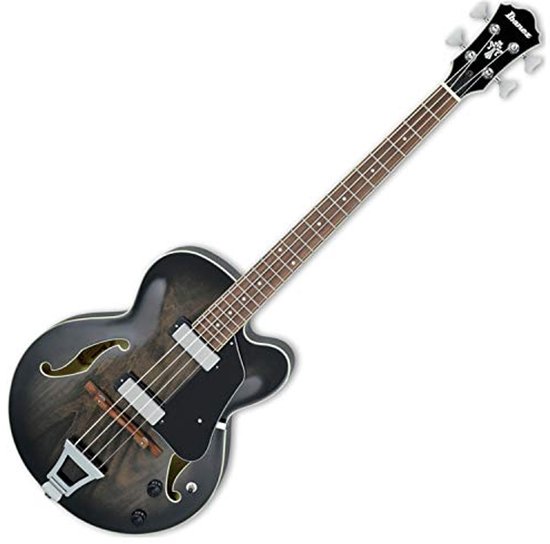 Schuine weergave van de zwarte semi-akoestische Ibanez basgitaar met esdoorn body en geverniste toets.