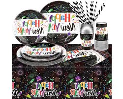 Allecto Plus - Vuurwerk Feestartikelen voor Nieuwjaar - Kleurrijk Tafelkleed Platen Cups Servetten Rietjes - 20 Gasten - Oudejaarsavond Decoratie - 2024 Feestlocatie - 101-delig assortiment.