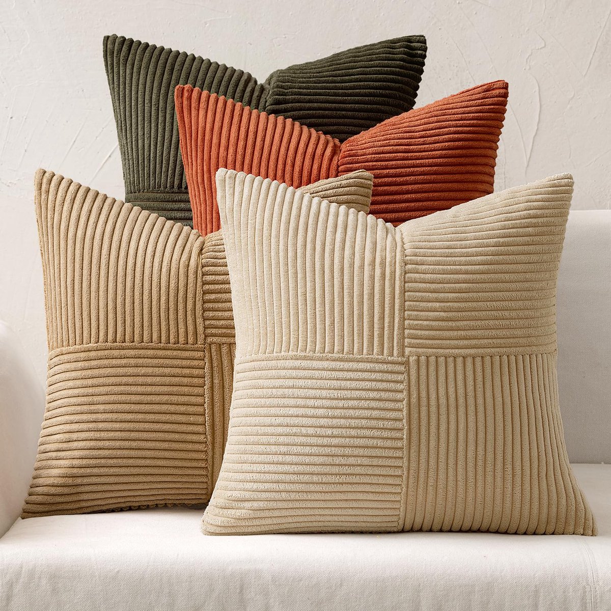 Ibenzoa Set van 4 Luxe Corduroy Kussenslopen met Modern Patchwork Ontwerp en Onzichtbare Ritssluiting bruin-groen