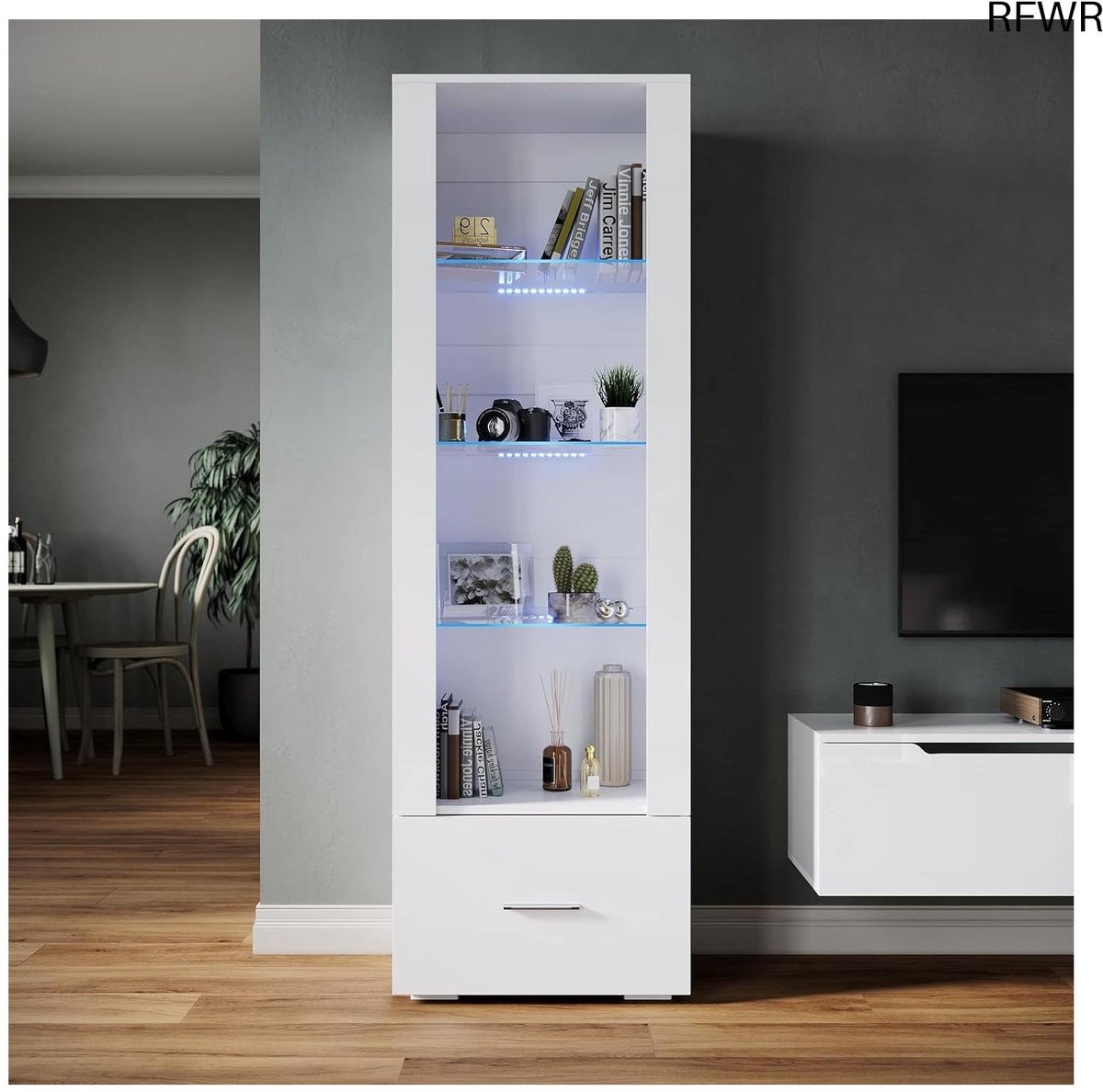 RFWR® Glazen vitrine met led-verlichting en hoogglansfront, 4 planken en 1 lade