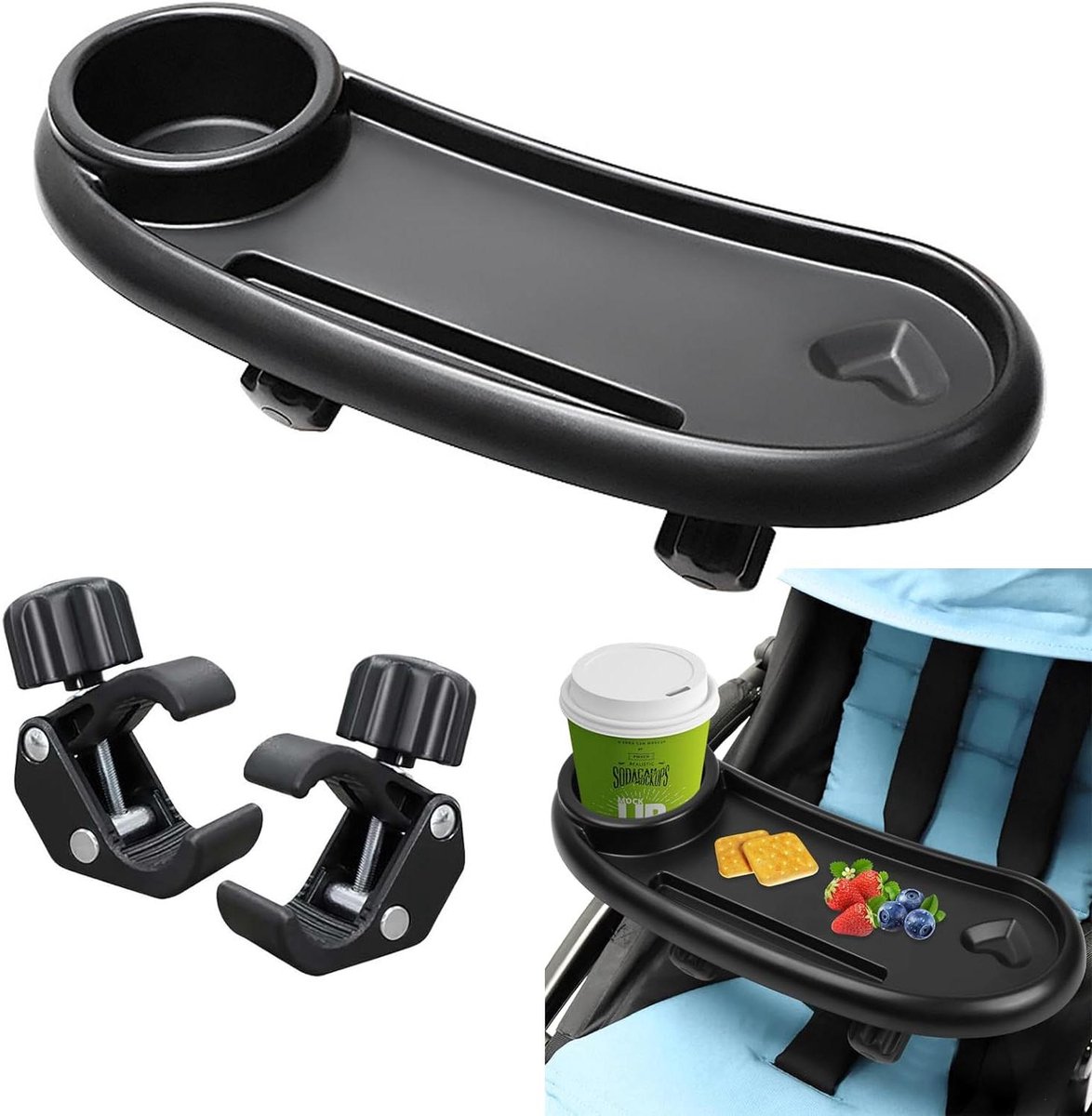 Allecto Plus - Universeel kinderwagendienblad met bekerhouder en 360 graden draaifunctie - Praktisch dinerdienblad voor kinderwagen - Snackdienblad - 3-in-1 design - Inclusief afneembare bekerhouder - Geschikt voor diverse kinderwagens
