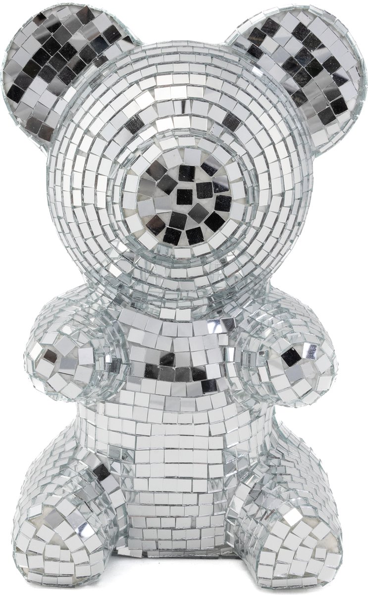 KIMU® Teddybeer 19 cm Spiegeltjes Zilver - Beer Discobal Pop Beeld Standbeeld Disco Spiegel - Deco Discobol Spiegelbol Glitter Decoratie Festival